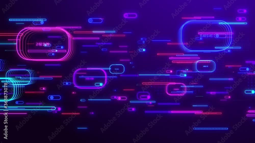 Neon different rounded rectangles elements move in a horizontal direction, blue red pink violet spectrum, fluorescent ultraviolet light, 4k seamless loop cg animation Neon different rounded rectangles elements move in a horizontal direction, blue red pink violet spectrum, fluorescent ultraviolet light, 4k seamless loop cg animation
