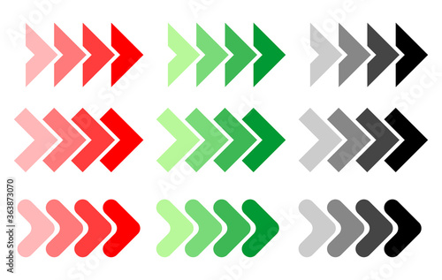 Flowing colored arrow signs. Blend direction, load level indicator. Flat design on transparent background. Illustration, vector