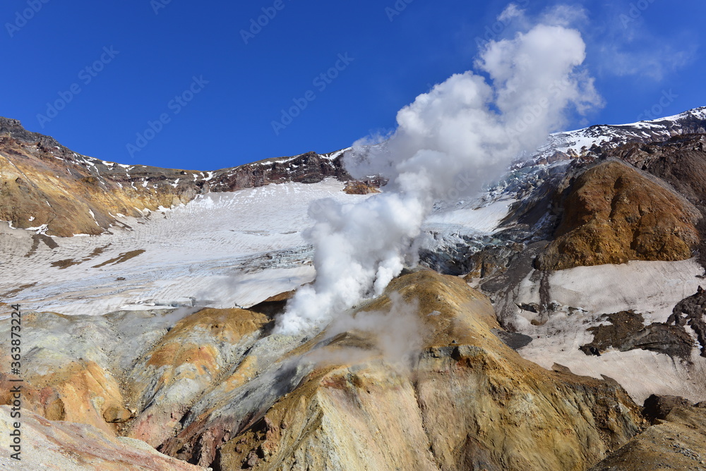 Hot gas emission in the crater of Mutnovsky volcano. Kamchatka