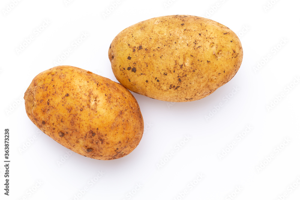 Potatoes isolated on white background. Flat lay. Top view. Potatoes isolated on white background. Flat lay. Top view.