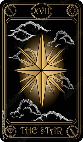 The Star. The 17th card of Major arcana black and gold tarot cards. Vector hand drawn illustration with skulls, occult, mystical and esoteric symbols.