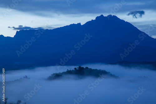 Beautiful landscape scenery with sunlight and fog and Mount Kinabalu as background in Guakon, Sabah, Malaysia