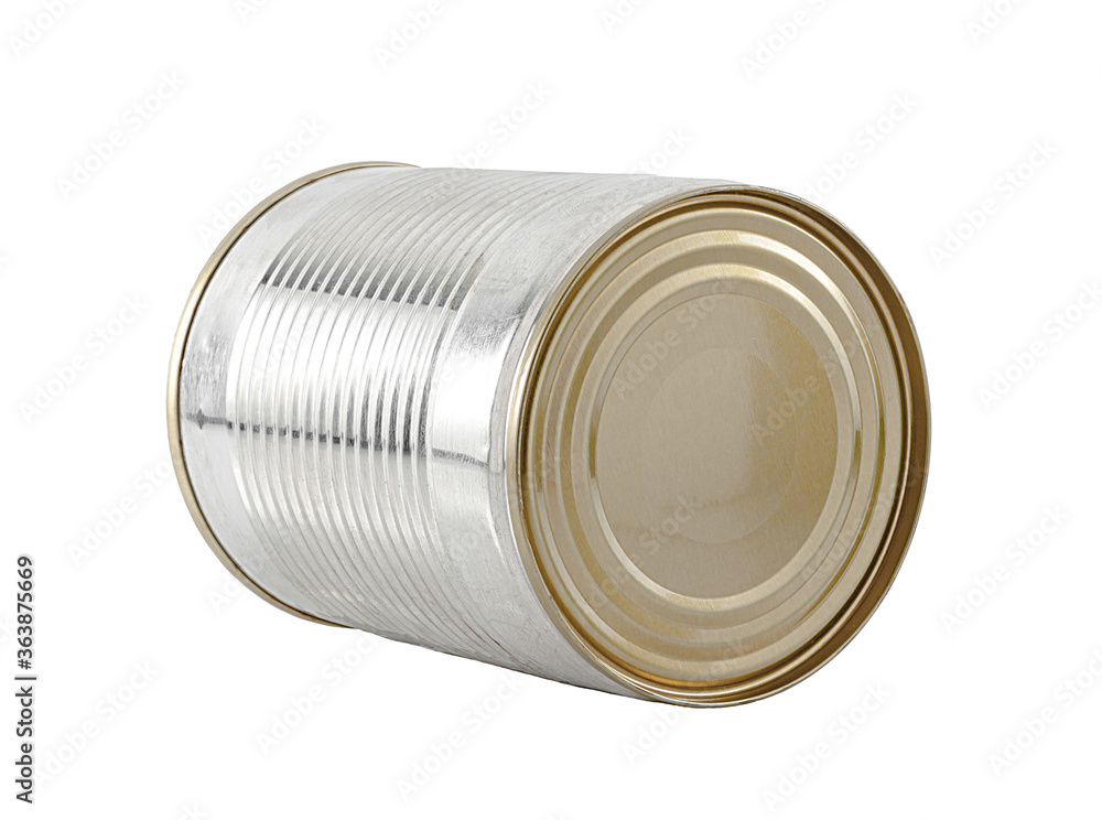 Iron tin can close up lying on its side. Isolated on a white background. Iron tin can close up lying on its side. Isolated on a white background.