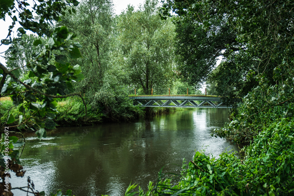 View of the bridge over river Dommel. Colorful landscape park with beautiful trees and water in provinces Noord Brabant, the Netherlands.