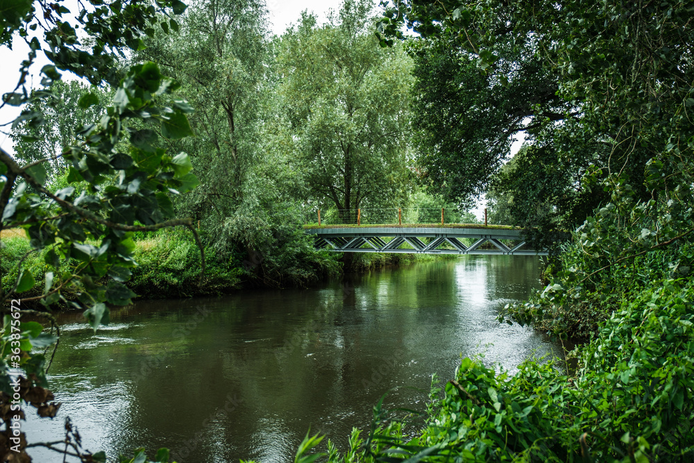 View of the bridge over river Dommel. Colorful landscape park with beautiful trees and water in provinces Noord Brabant, the Netherlands. View of the bridge over river Dommel. Colorful landscape park with beautiful trees and water in provinces Noord Brabant, the Netherlands.