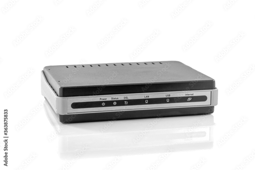 Modmem Internet router on a white background close-up with reflection. Modmem Internet router on a white background close-up with reflection.