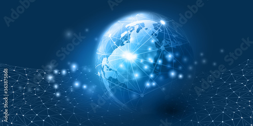 Abstract Blue Minimal Style Cloud Computing, Networks Structure, Telecommunications Concept Design, Network Connections, Transparent Geometric Mesh, Wire Frame and Earth Globe - Vector Illustration