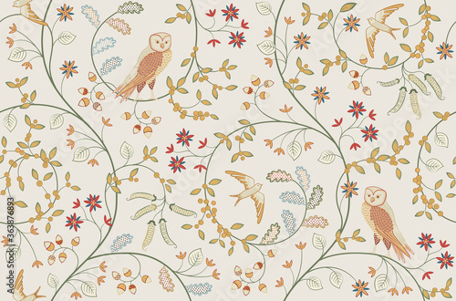 Vintage birds in foliage with flowers seamless pattern on light background. Middle ages William Morris style. Vector illustration.