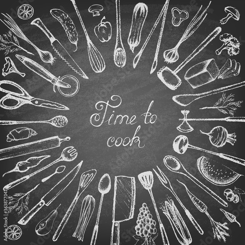 Set of silhouette kitchen tools and set of different hand drawn food elements on the blackboard. Doodle style. Set of Cutlery. Retro vintage style. Vector illustration.
