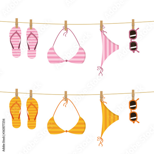 set of hanging flip flop bikini and sunglasses on a rope vector illustration EPS10