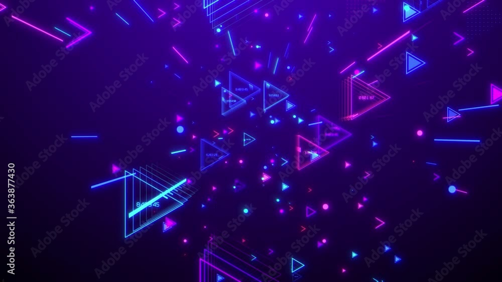 Flying through glowing neon different triangular elements, blue red pink violet spectrum, fluorescent ultraviolet light, 4k seamless loop cg animation Flying through glowing neon different triangular elements, blue red pink violet spectrum, fluorescent ultraviolet light, 4k seamless loop cg animation