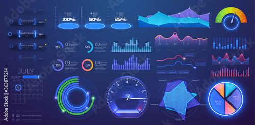 Modern futuristic neon infographic vector template with statistics graphs and finance charts. Information panel Mockup. UI, UX,KIT, HUD elements design. Vector infographics set. Admin