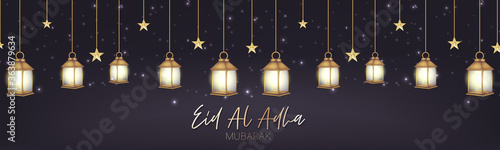 Eid Al Adha Mubarak banner or header. Muslim holiday of sacrifice. Islam religious celebration. Arabic design concept. Golden lanterns and stars, calligraphy lettering. Vector illustration.