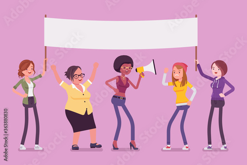 Feminist movement protest, female group with mock up poster. Women in active gathering, political campaign for social reforms against domestic, sexual violence. Vector flat style cartoon illustration