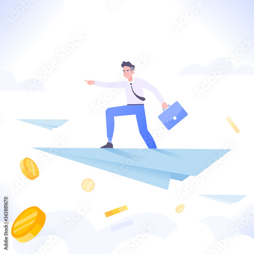 Business leadership concept. Successful businessman flying on paper plane over the clouds. Business success metaphor, vector illustration