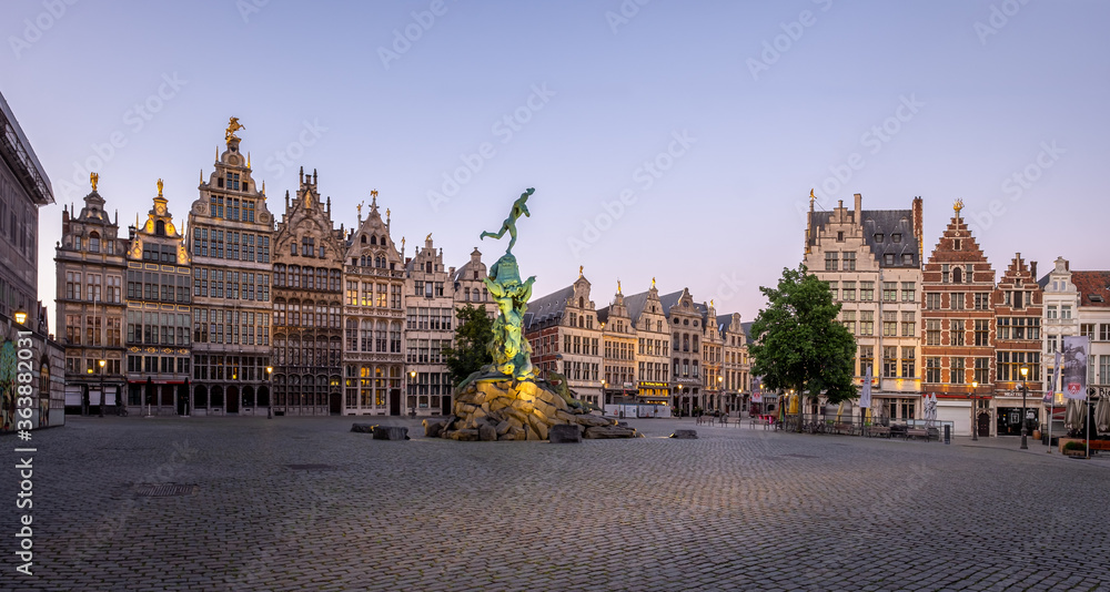 Majestic 'Grote Markt' Square of Antwerp after sunset.