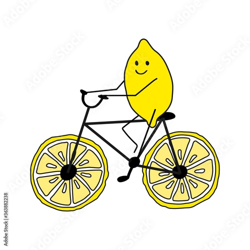 Lemon rides on a cycle bike with wheels made from round slices of lemon.