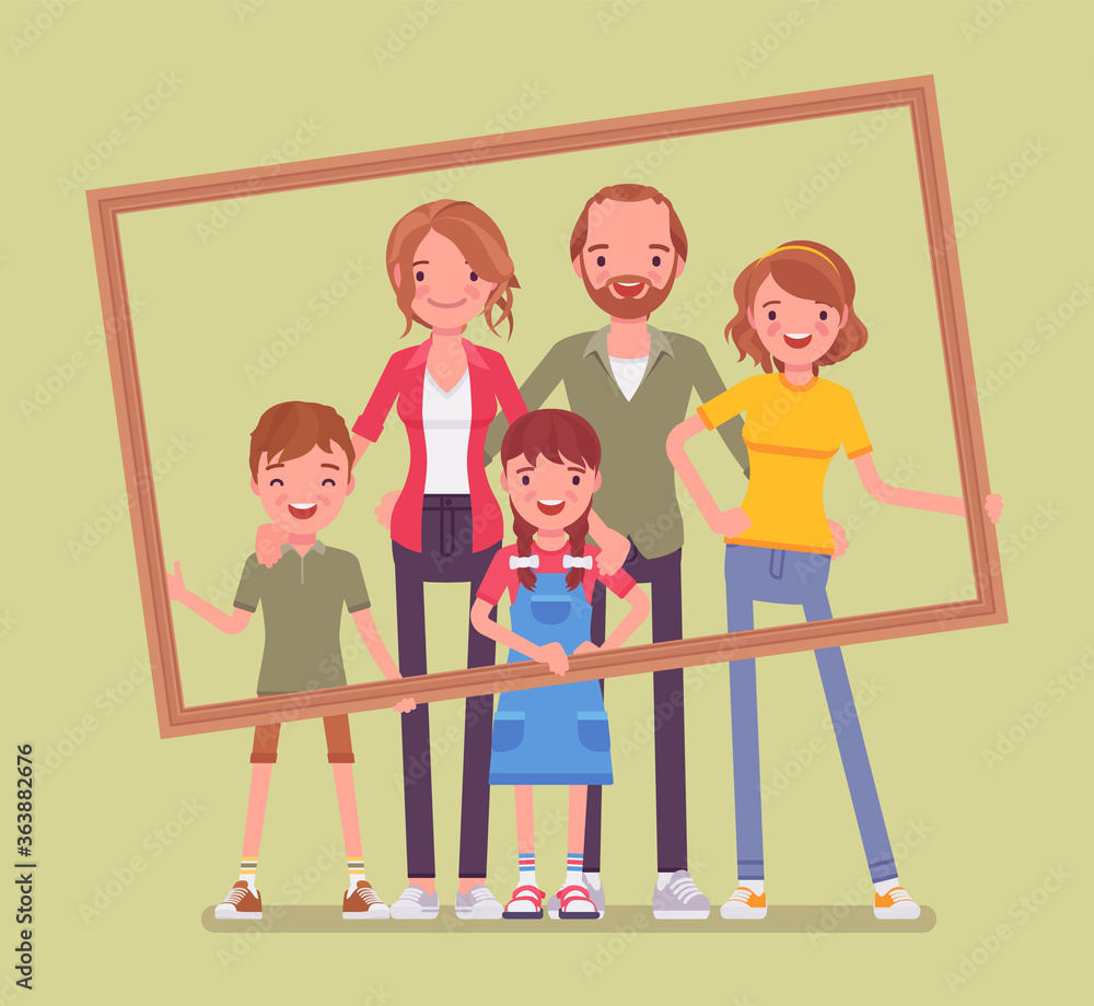 Happy family portrait. Father, mother, son and daughter, teen posing in one picture frame together. Positive friendly smiling people in love, home harmony. Vector flat style cartoon illustration Happy family portrait. Father, mother, son and daughter, teen posing in one picture frame together. Positive friendly smiling people in love, home harmony. Vector flat style cartoon illustration