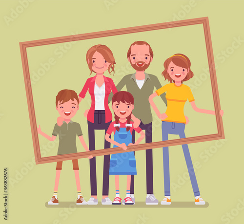 Happy family portrait. Father, mother, son and daughter, teen posing in one picture frame together. Positive friendly smiling people in love, home harmony. Vector flat style cartoon illustration