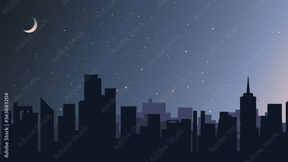 Landscape with city under the starry sky. Beautiful urban scenery.