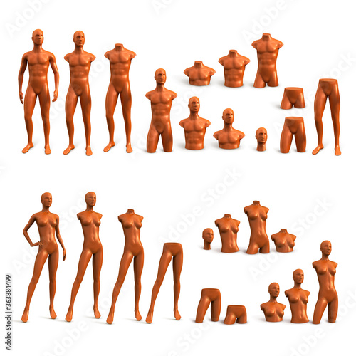 The figures are male and female copper color. Human mannequins of different parts of the body isolated on a white background. Decoration of a shop window of a boutique.