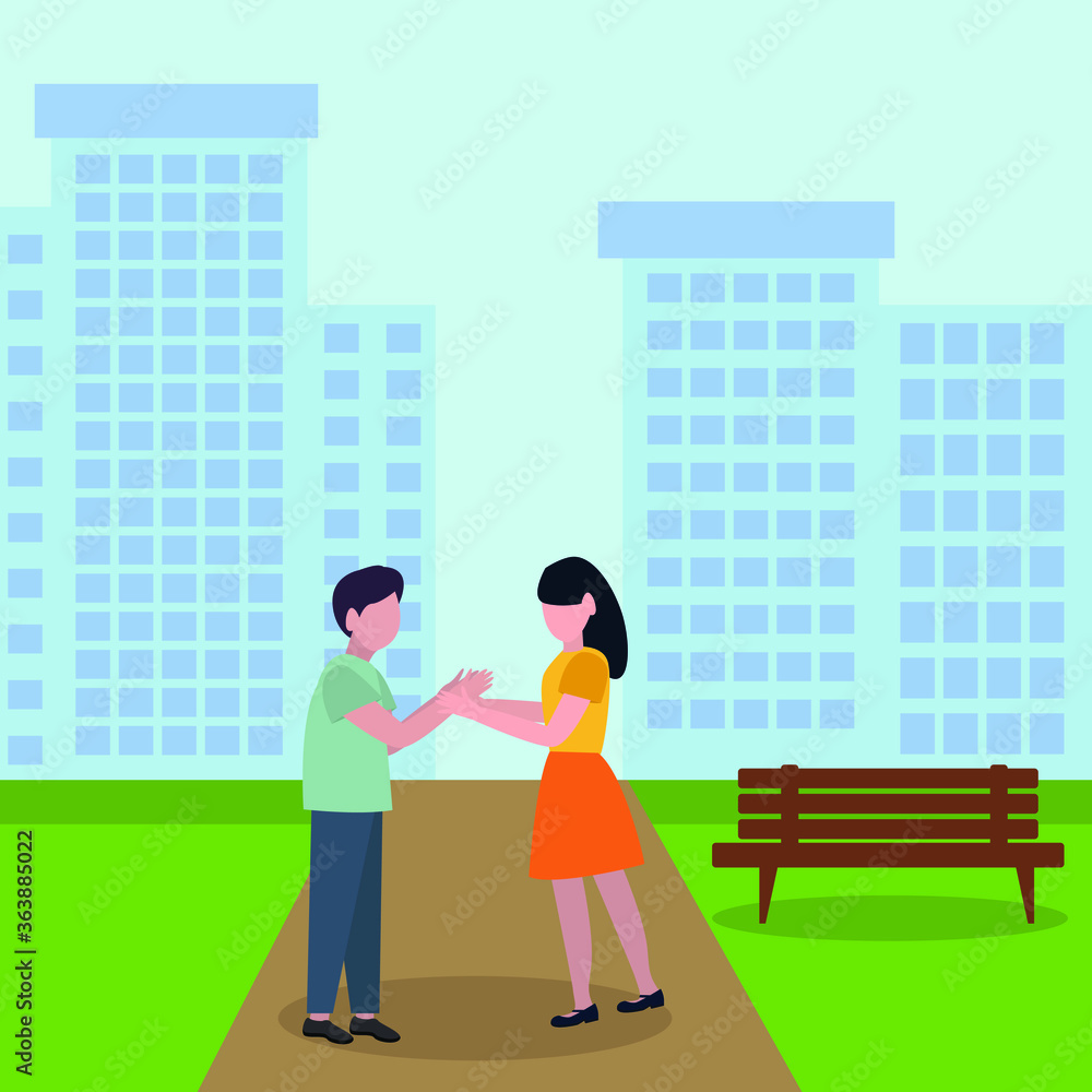 A guy and a girl. A man holds a girl by the waist against the background of the city. He holds her in his arms. Love story. Cute vector flat illustration. A guy and a girl. A man holds a girl by the waist against the background of the city. He holds her in his arms. Love story. Cute vector flat illustration.