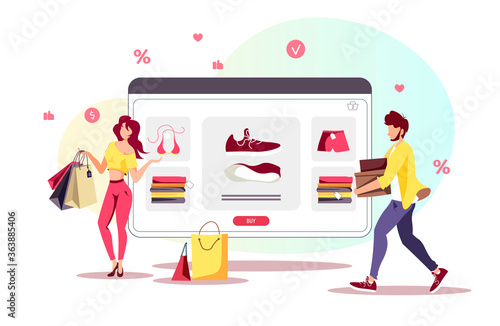 People with purchases and e-shop. Clothing store, Online Shopping, Home delivery, Mobile marketing, E-commerce concept. Isolated vector illustration for poster, banner, commercial.