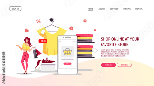 Woman with purchases and phone. Clothing store, Online Shopping, Mobile marketing, E-commerce concept. Vector illustration for poster, banner, website, commercial.