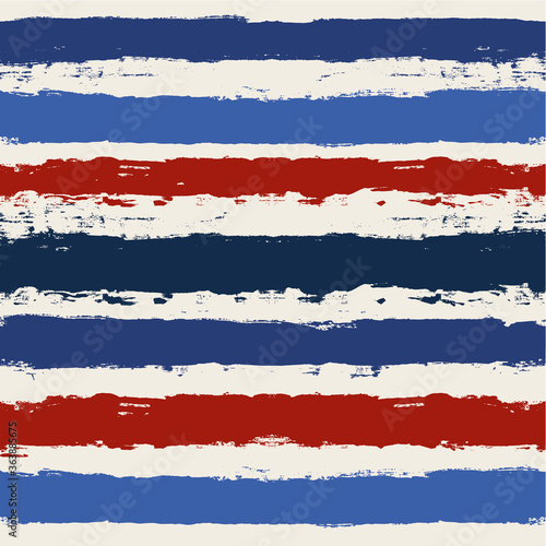 Hand drawn striped pattern, red and blue vertical stripe seamless background in USA patriotic style, watercolor brush strokes. vector grunge stripes, retro paintbrush line backdrop