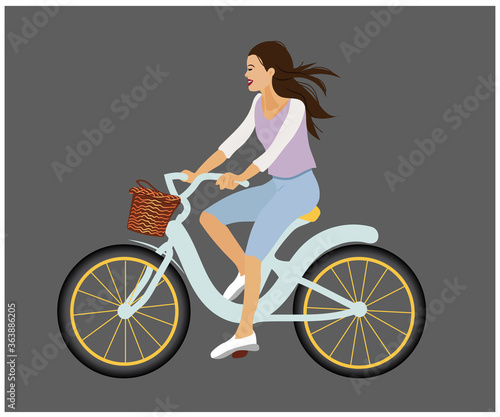 Fototapeta Naklejka Na Ścianę i Meble -  Summer flat illustration of a girl on a bicycle isolated on a dark background. Retro bike with a basket.