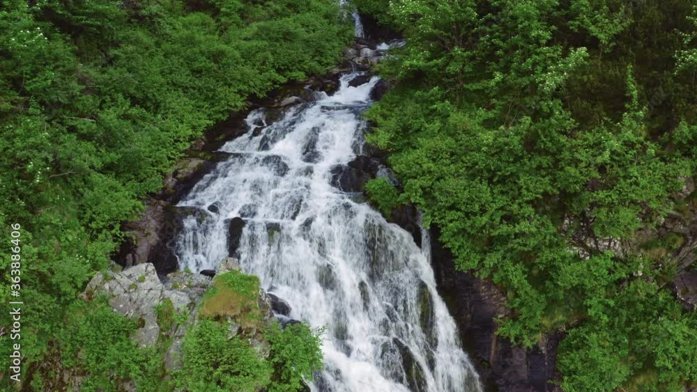 Mountain waterfalls aerial reveal with river sounds Mountain waterfalls aerial reveal with river sounds