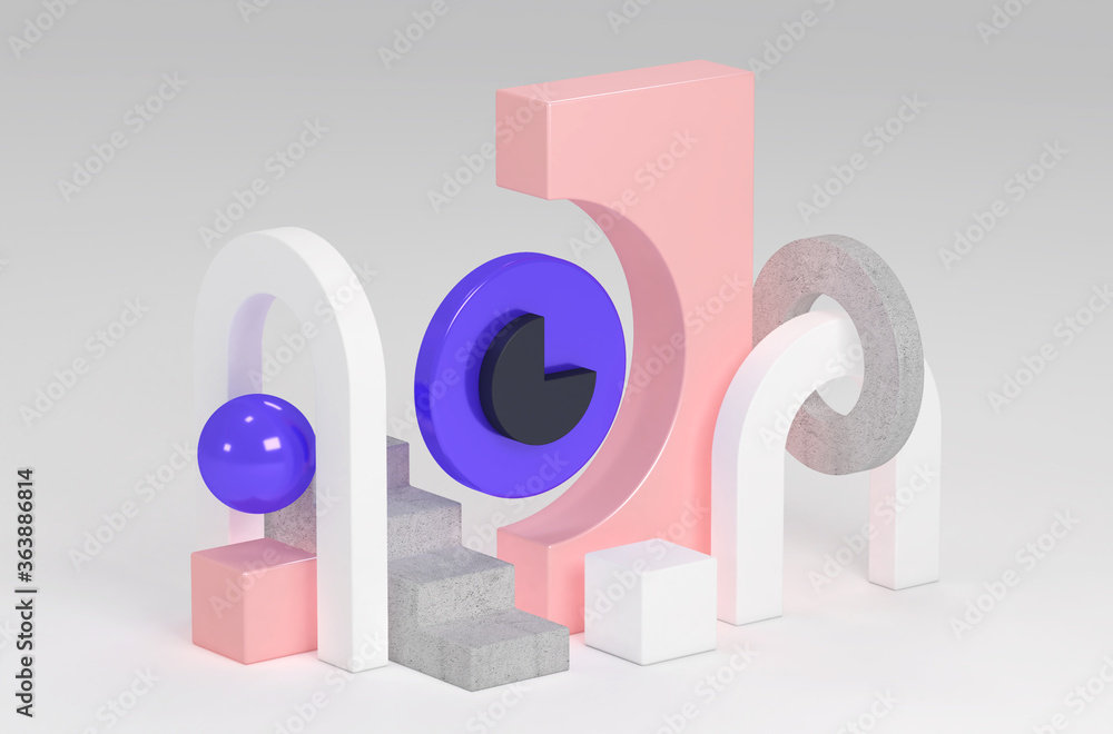 3d rendering of an abstract composition. Minimalistic geometric shapes in empty space and objects of different shapes. Visualization of matte and shiny geometric shapes on a uniform background. 3d rendering of an abstract composition. Minimalistic geometric shapes in empty space and objects of different shapes. Visualization of matte and shiny geometric shapes on a uniform background.