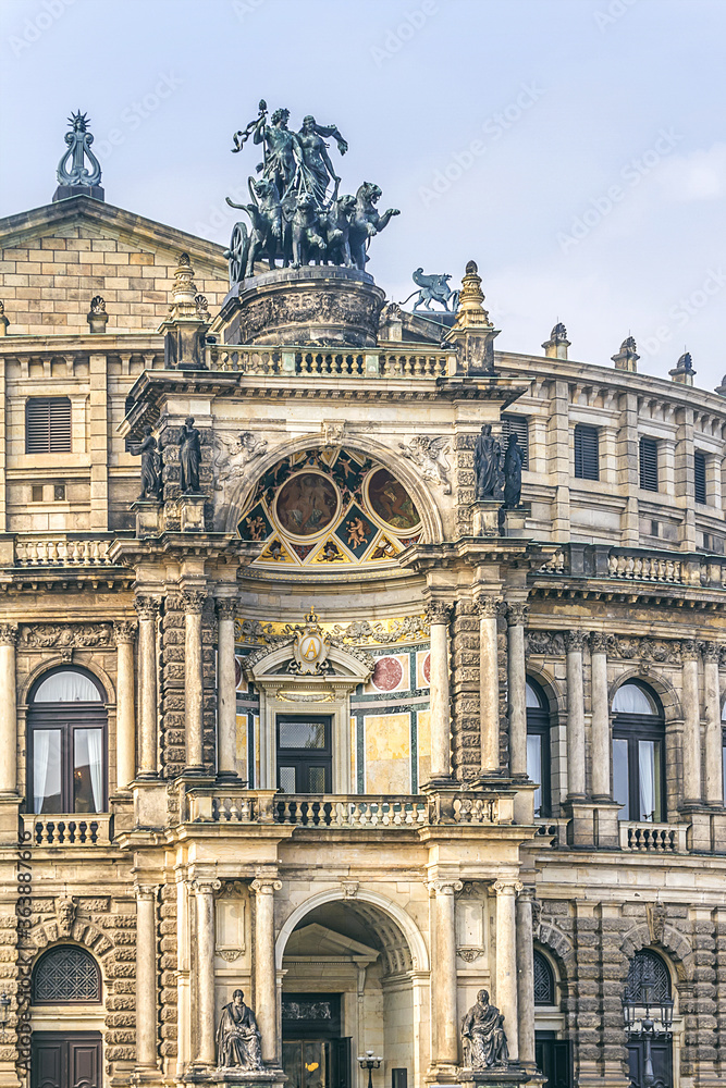 Architectural fragments of Opera House (The Semperoper) - the Saxon State Opera Dresden, Germany. Building (1841) located near the Elbe River in the historic centre of Dresden