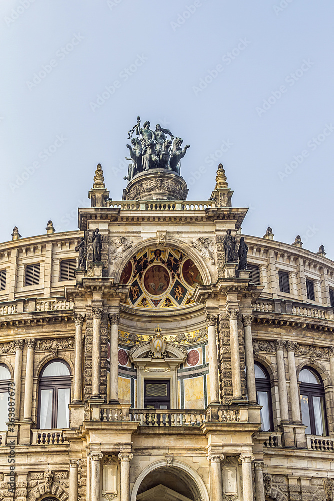 Architectural fragments of Opera House (The Semperoper) - the Saxon State Opera Dresden, Germany. Building (1841) located near the Elbe River in the historic centre of Dresden