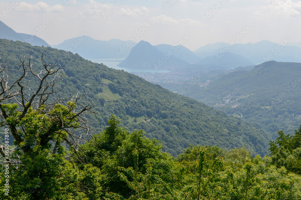 View at Lugano from the Capriasca valley in Switzerland
