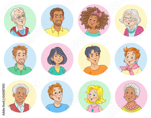 Avatar icons set. Happy people of different ages and nationalities. In cartoon style. Isolated over white background. Vector illustration.