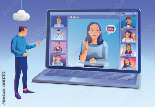 Businessmen use Video conference landing. People on window screen taking with colleagues. Videoconferencing and online meeting workspace page, man and woman learning. Vector illustration, Flat