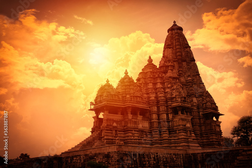Sunset at Western Group of Temples, Khajuraho, Madhya Pradesh, India. it's an UNESCO world heritage site. © artqu