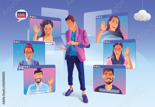 Businessmen use Video conference landing. People on window screen taking with colleagues. Videoconferencing and online meeting workspace page, man and woman learning. Vector illustration, Flat