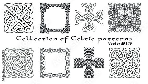 Collection of Celtic patterns on a white background. Isolated. A set of eight patterns. Black and white image.