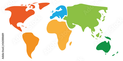 Multicolored world map divided to six continents in different colors - North America, South America, Africa, Europe, Asia and Australia. Simplified smooth silhouette vector map