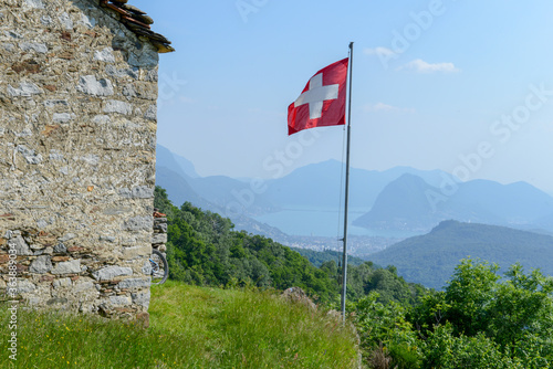 Landscape with rural house at Capriasca valley over Lugano on Switzerland photo