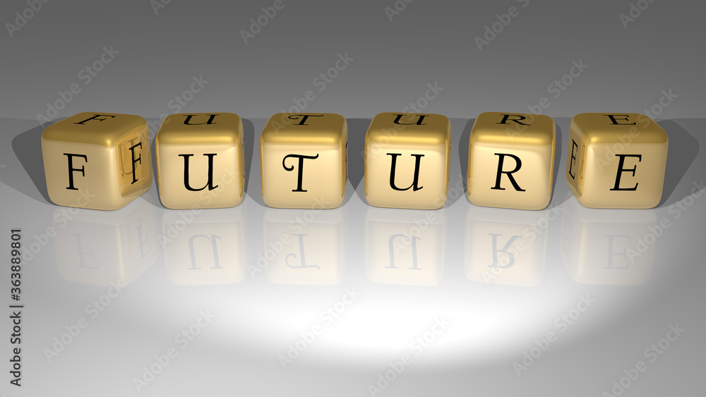 3D representation of FUTURE with icon on the wall and text arranged by metallic cubic letters on a mirror floor for concept meaning and slideshow presentation. illustration and background 3D representation of FUTURE with icon on the wall and text arranged by metallic cubic letters on a mirror floor for concept meaning and slideshow presentation. illustration and background