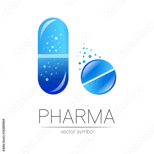 Pharmacy vector symbol for pharmacist, pharma store, doctor and medicine. Modern design vector logo on white background. Pharmaceutical blue icon logotype tablet pill and capsule. People health
