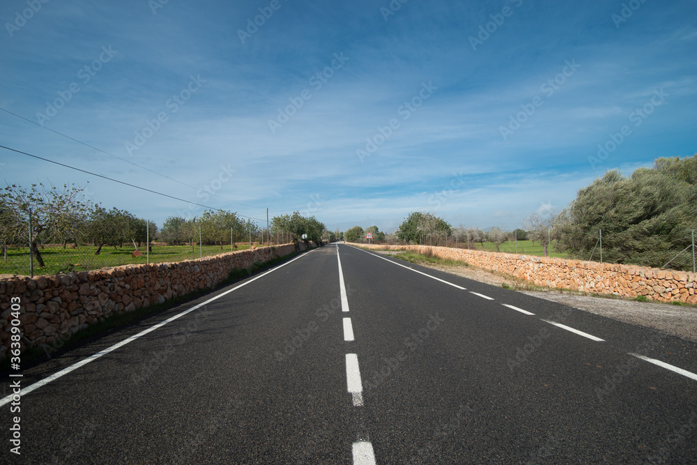 einsame Landstraße auf Mallorca, unbefahren, Felder