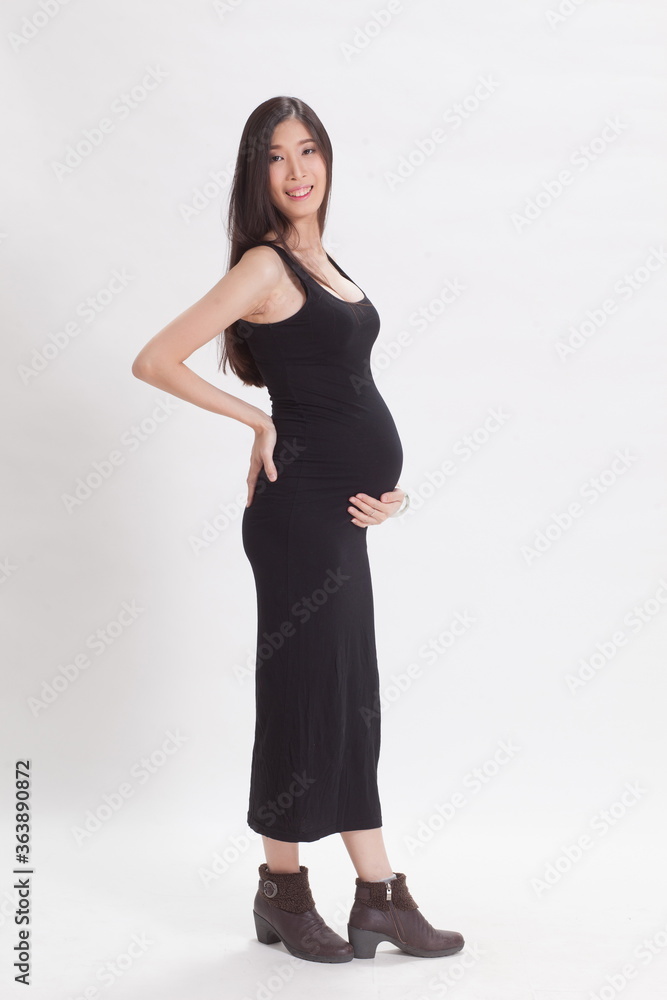 seven months pregnant on white background. seven months pregnant on white background.
