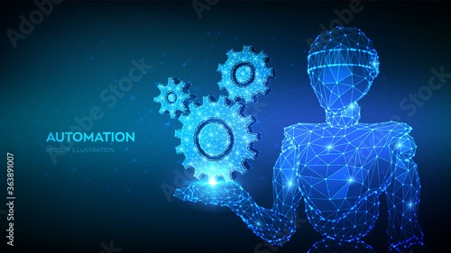 Gears. Mechanical technology machine engineering symbol in hand. Abstract 3d low polygonal robot holding gears. RPA. Industry development, engine work, business solution concept. Vector illustration. photo