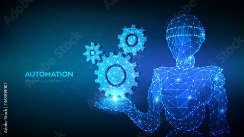 Gears. Mechanical technology machine engineering symbol in hand. Abstract 3d low polygonal robot holding gears. RPA. Industry development, engine work, business solution concept. Vector illustration.