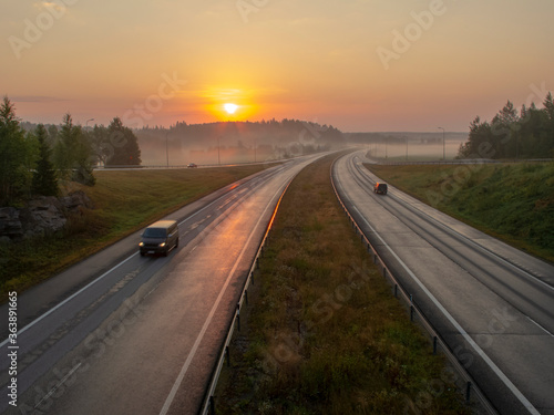 Highway in Finland at sunrise © Александр Евстафьев