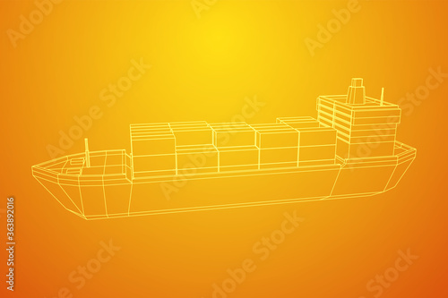 Heavy dry cargo ship of bulk carrier with freight containers. Wireframe low poly mesh vector illustration.